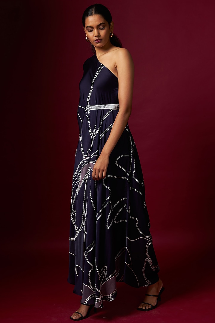 Blue Satin Abstract Printed One-Shoulder Draped Summer Dress With Belt by Vedika M at Pernia's Pop Up Shop