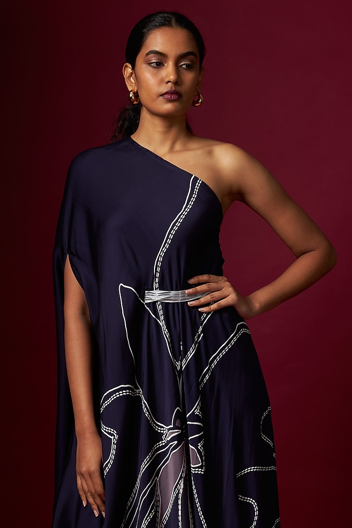 Blue Satin Abstract Printed One-Shoulder Draped Summer Dress With Belt by Vedika M at Pernia's Pop Up Shop