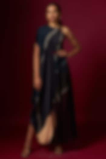 Multi-Colored Satin Abstract Printed One-Shoulder Draped Summer Dress With Belt by Vedika M at Pernia's Pop Up Shop