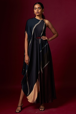 Multi-Colored Satin Abstract Printed One-Shoulder Draped Dress With Belt by Vedika M