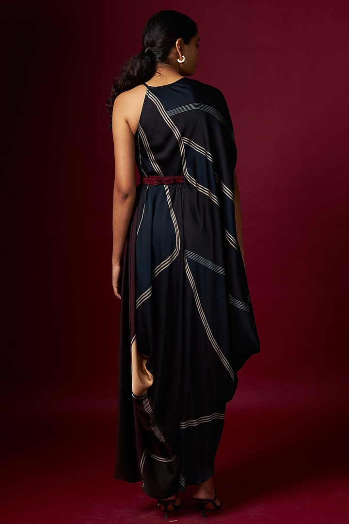 Multi-Colored Satin Abstract Printed One-Shoulder Draped Summer Dress With Belt by Vedika M at Pernia's Pop Up Shop