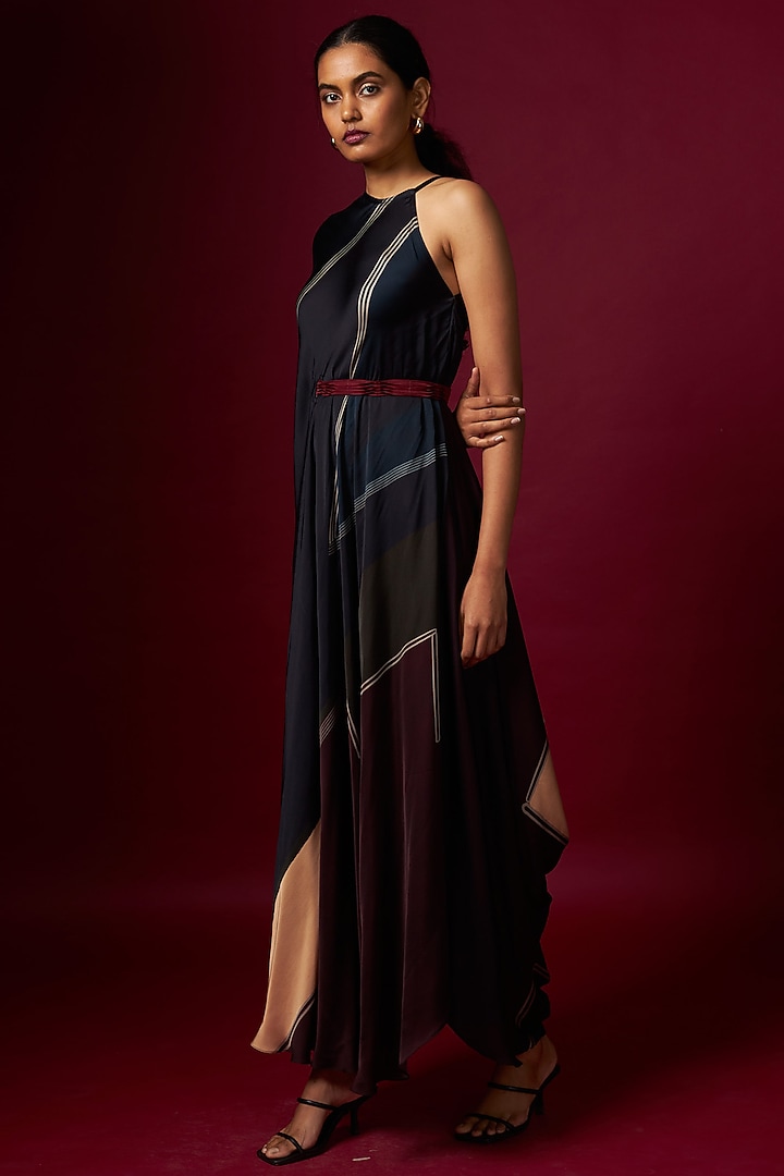Multi-Colored Satin Abstract Printed One-Shoulder Draped Summer Dress With Belt by Vedika M at Pernia's Pop Up Shop