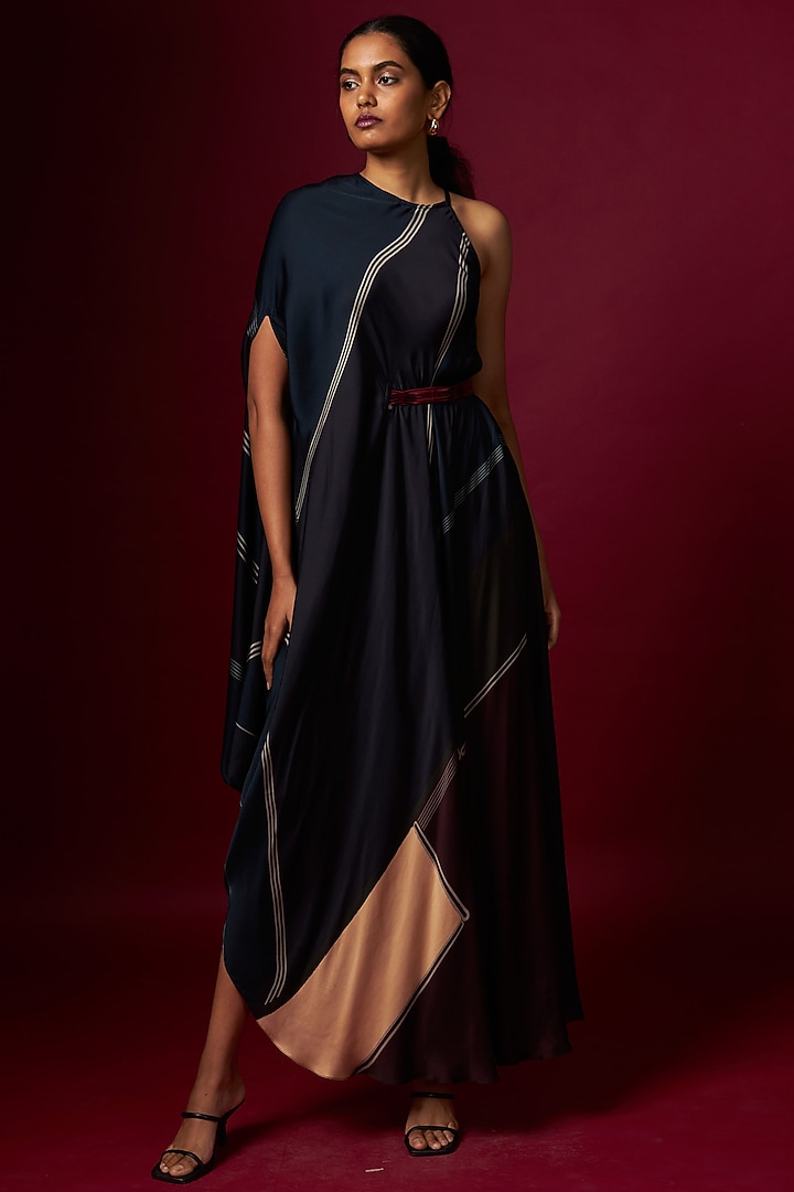 Multi-Colored Satin Abstract Printed One-Shoulder Draped Summer Dress With Belt by Vedika M at Pernia's Pop Up Shop