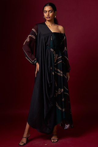 Multi-Colored Satin Abstract Printed Draped Dress With Belt by Vedika M