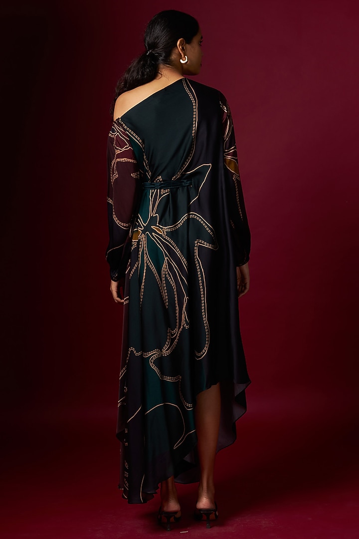 Multi-Colored Satin Abstract Printed Draped Vacation Dress With Belt by Vedika M at Pernia's Pop Up Shop