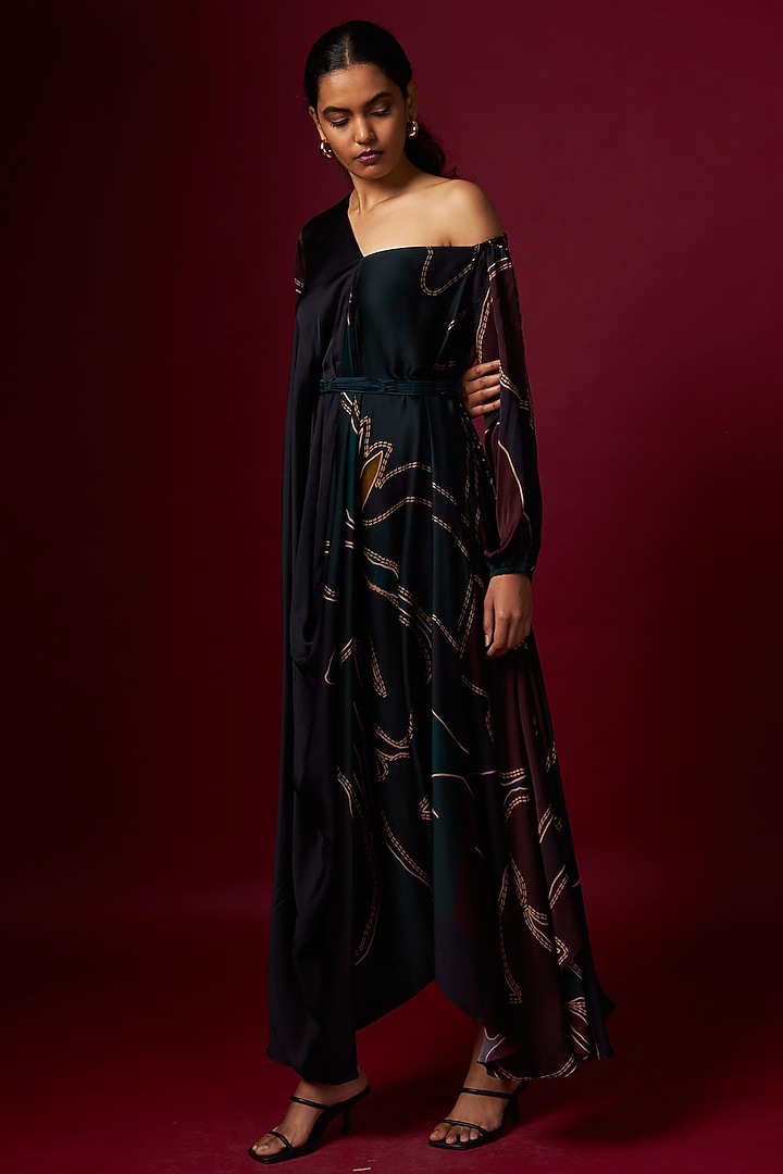 Multi-Colored Satin Abstract Printed Draped Vacation Dress With Belt by Vedika M at Pernia's Pop Up Shop