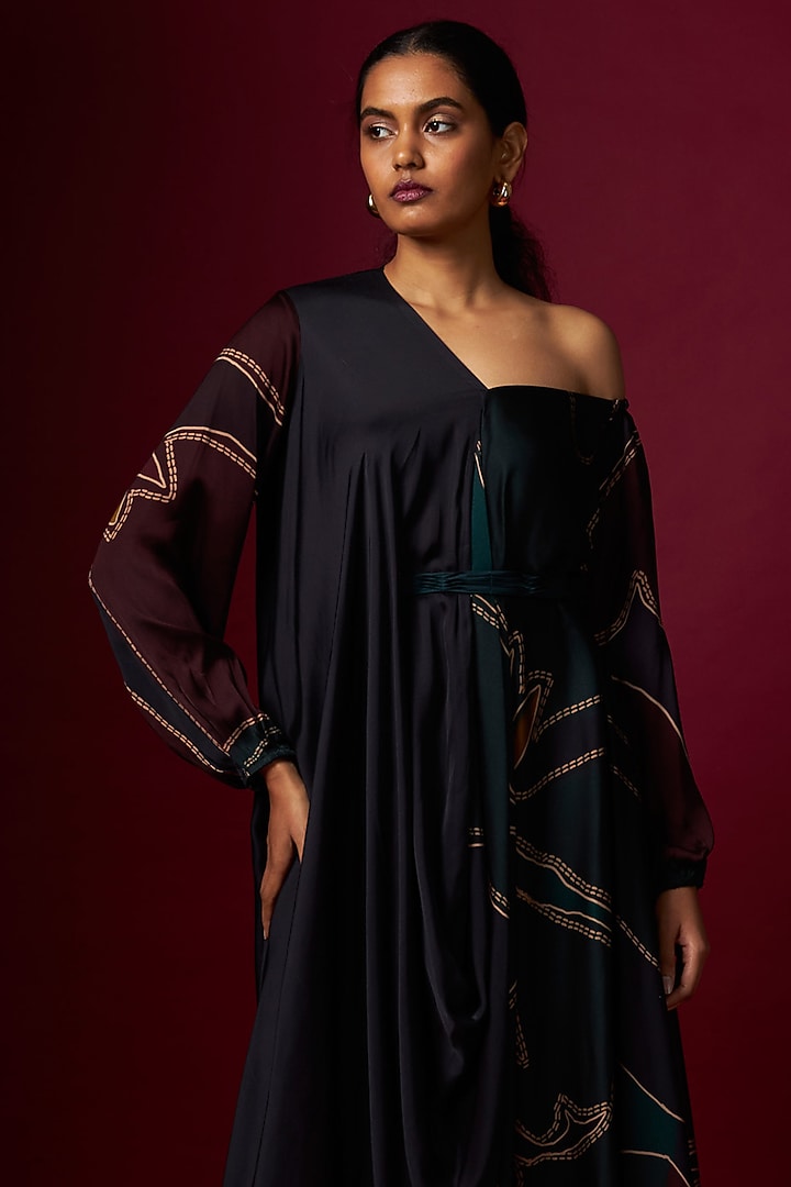 Multi-Colored Satin Abstract Printed Draped Vacation Dress With Belt by Vedika M at Pernia's Pop Up Shop