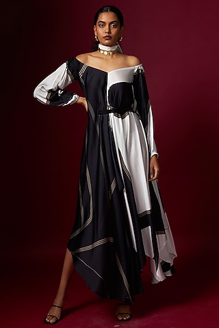 Black & White Satin Abstract Printed Off-Shoulder Draped Dress With Belt by Vedika M