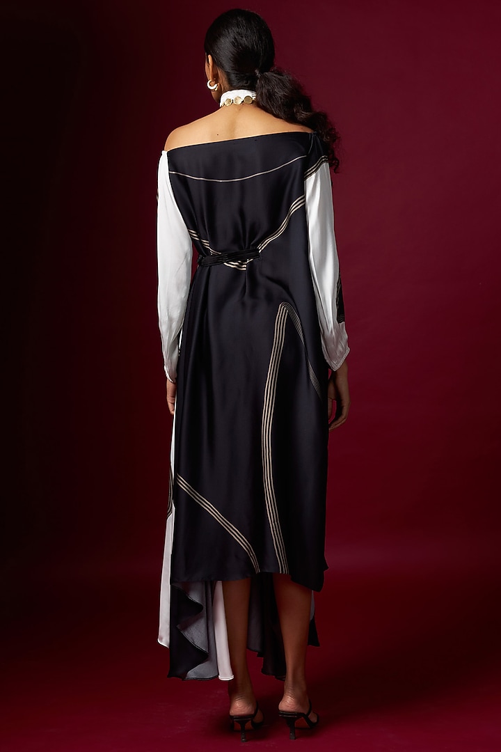 Black & White Satin Abstract Printed Off-Shoulder Draped Vacation Dress With Belt by Vedika M at Pernia's Pop Up Shop