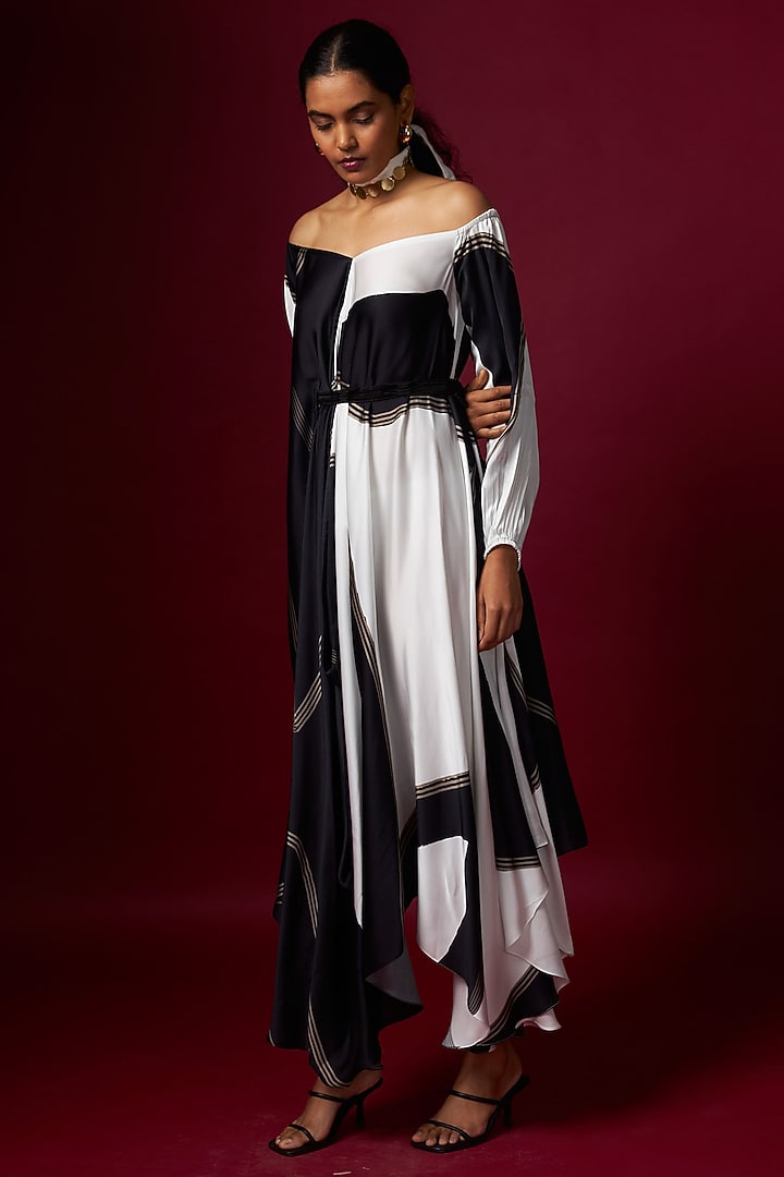 Black & White Satin Abstract Printed Off-Shoulder Draped Vacation Dress With Belt by Vedika M at Pernia's Pop Up Shop