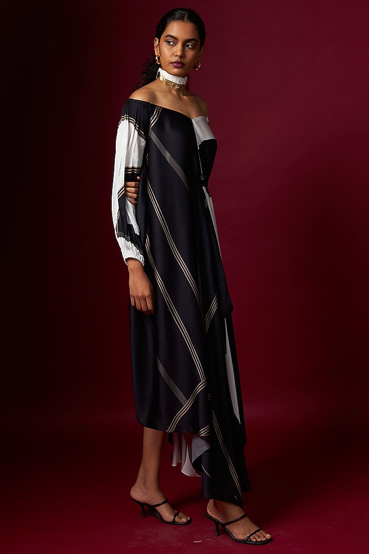 Black & White Satin Abstract Printed Off-Shoulder Draped Vacation Dress With Belt by Vedika M at Pernia's Pop Up Shop
