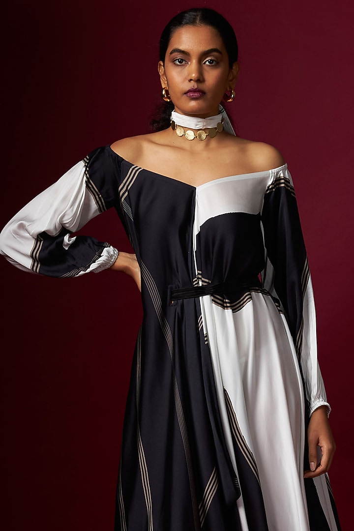 Black & White Satin Abstract Printed Off-Shoulder Draped Vacation Dress With Belt by Vedika M at Pernia's Pop Up Shop