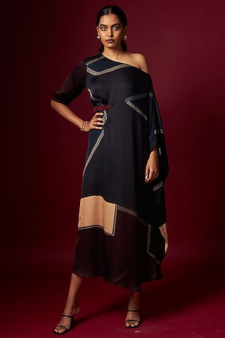 Multi-Colored Satin Abstract Printed Draped Dress With Belt by Vedika M