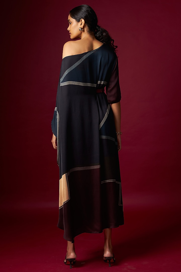 Multi-Colored Satin Abstract Printed Draped Summer Dress With Belt by Vedika M at Pernia's Pop Up Shop
