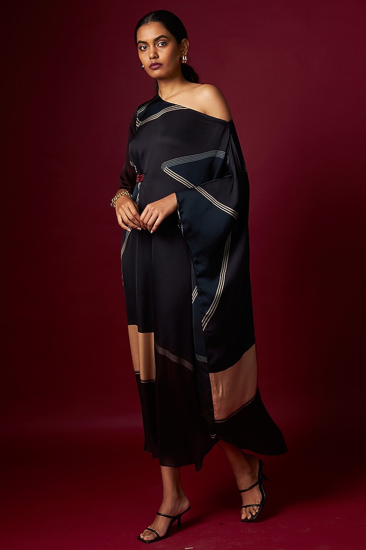 Multi-Colored Satin Abstract Printed Draped Summer Dress With Belt by Vedika M at Pernia's Pop Up Shop