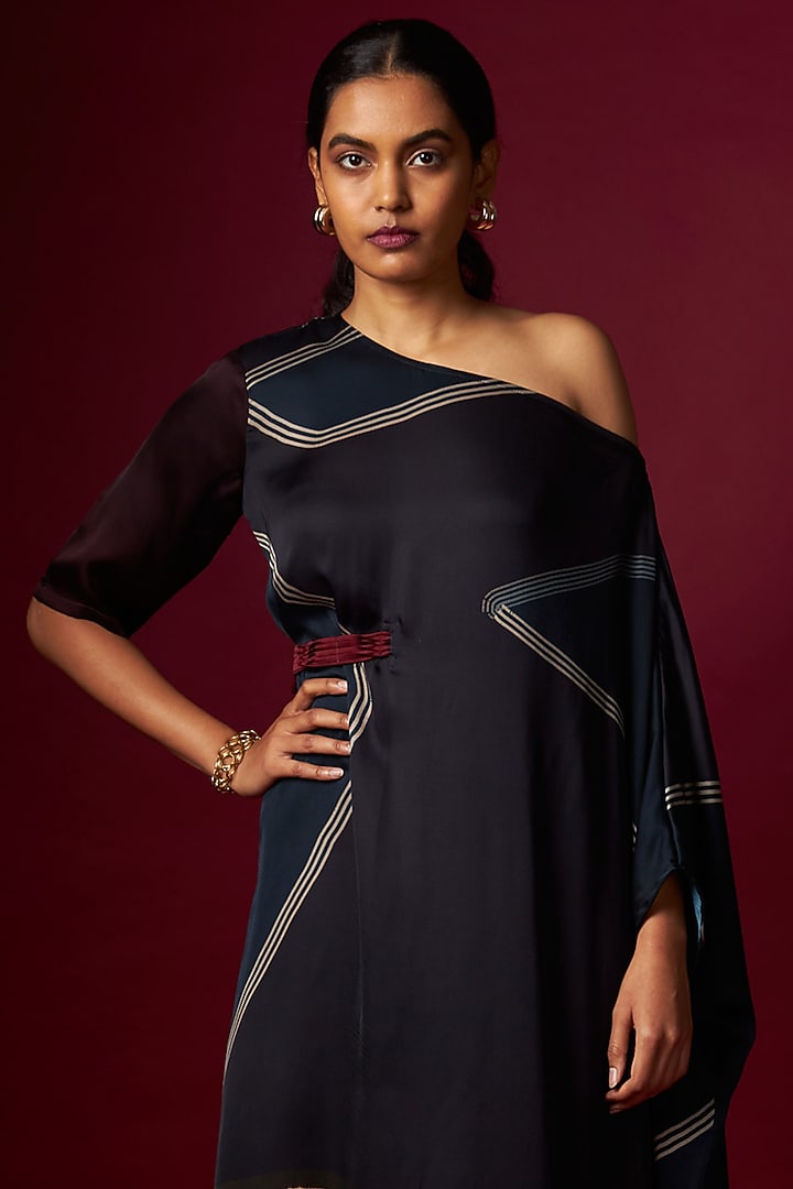 Multi-Colored Satin Abstract Printed Draped Summer Dress With Belt by Vedika M at Pernia's Pop Up Shop
