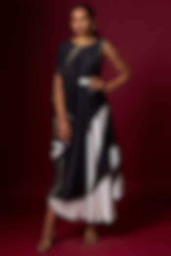 Black & White Satin Abstract Printed Draped Vacation Dress With Belt by Vedika M at Pernia's Pop Up Shop