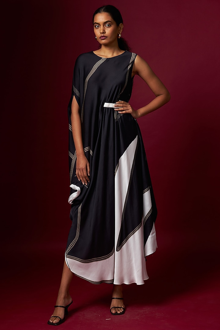 Black & White Satin Abstract Printed Draped Vacation Dress With Belt by Vedika M at Pernia's Pop Up Shop