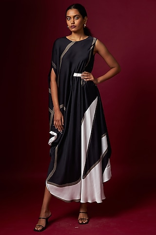 Black & White Satin Abstract Printed Draped Dress With Belt by Vedika M