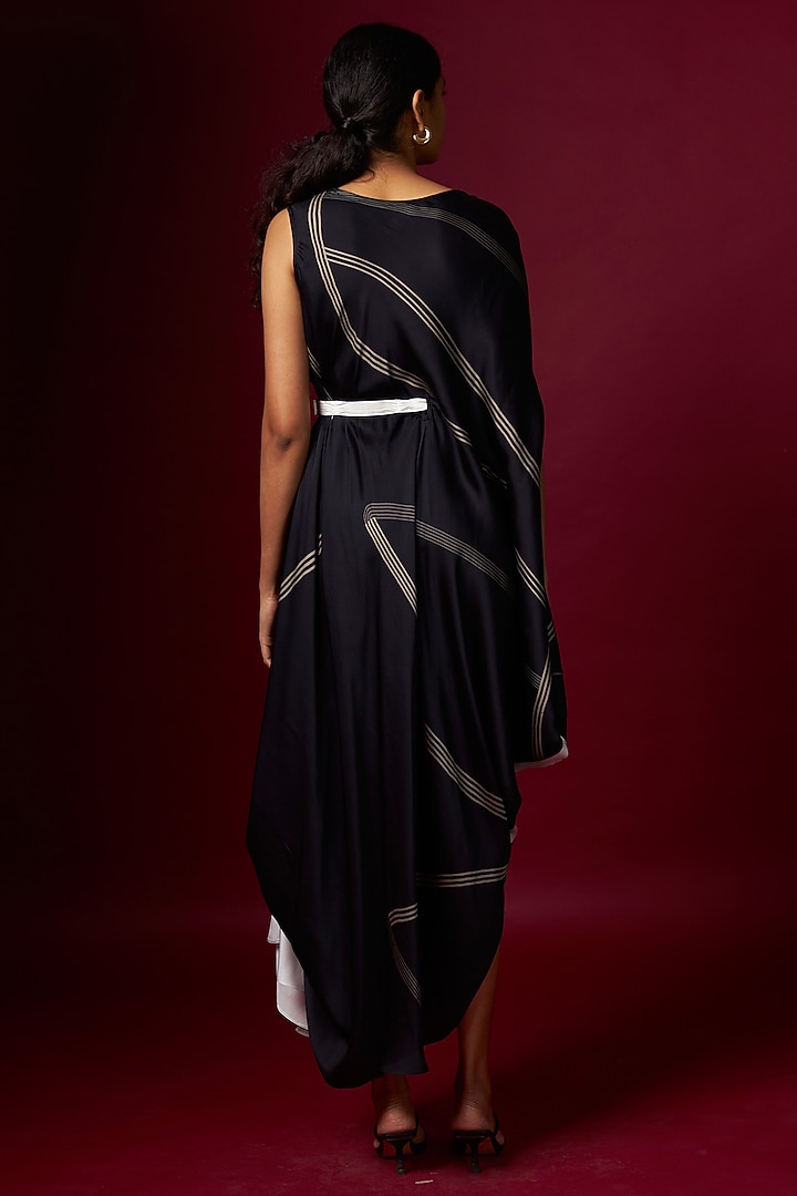 Black & White Satin Abstract Printed Draped Vacation Dress With Belt by Vedika M at Pernia's Pop Up Shop