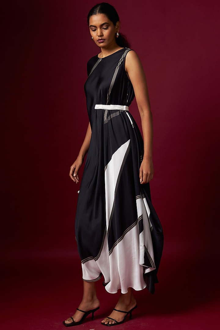 Black & White Satin Abstract Printed Draped Vacation Dress With Belt by Vedika M at Pernia's Pop Up Shop