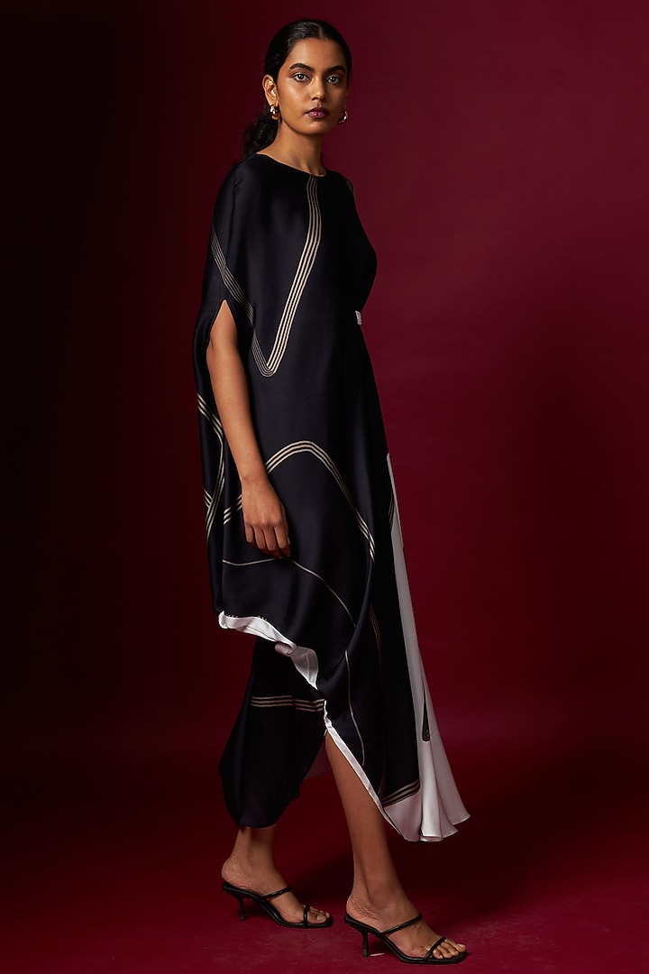 Black & White Satin Abstract Printed Draped Vacation Dress With Belt by Vedika M at Pernia's Pop Up Shop