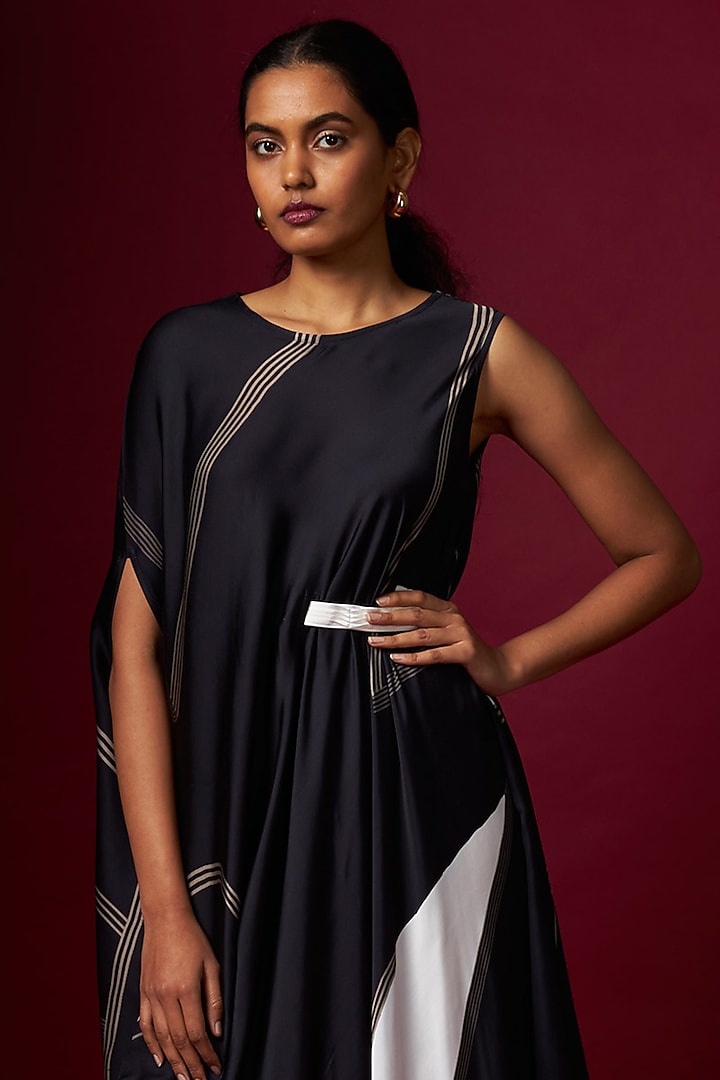 Black & White Satin Abstract Printed Draped Vacation Dress With Belt by Vedika M at Pernia's Pop Up Shop