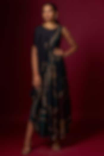 Multi-Colored Satin Abstract Printed Draped Vacation Dress With Belt by Vedika M at Pernia's Pop Up Shop