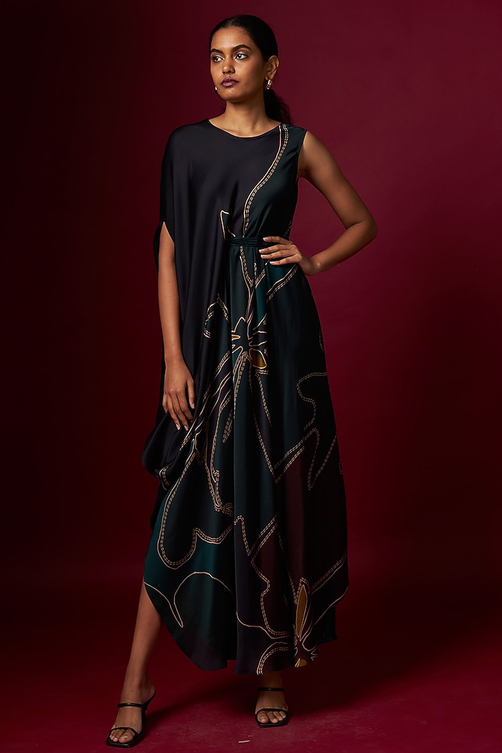 Multi-Colored Satin Abstract Printed Draped Vacation Dress With Belt by Vedika M at Pernia's Pop Up Shop