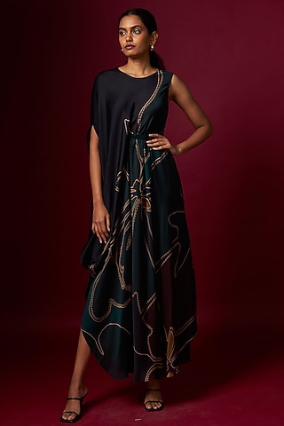 Multi-Colored Satin Abstract Printed Draped Dress With Belt by Vedika M