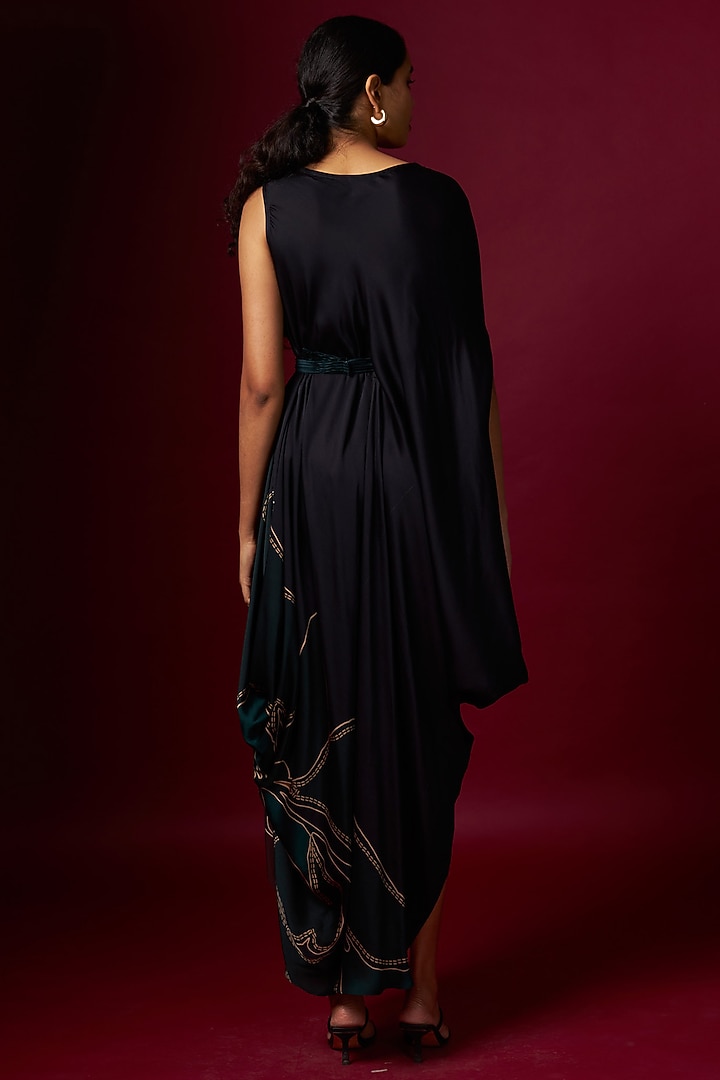 Multi-Colored Satin Abstract Printed Draped Vacation Dress With Belt by Vedika M at Pernia's Pop Up Shop