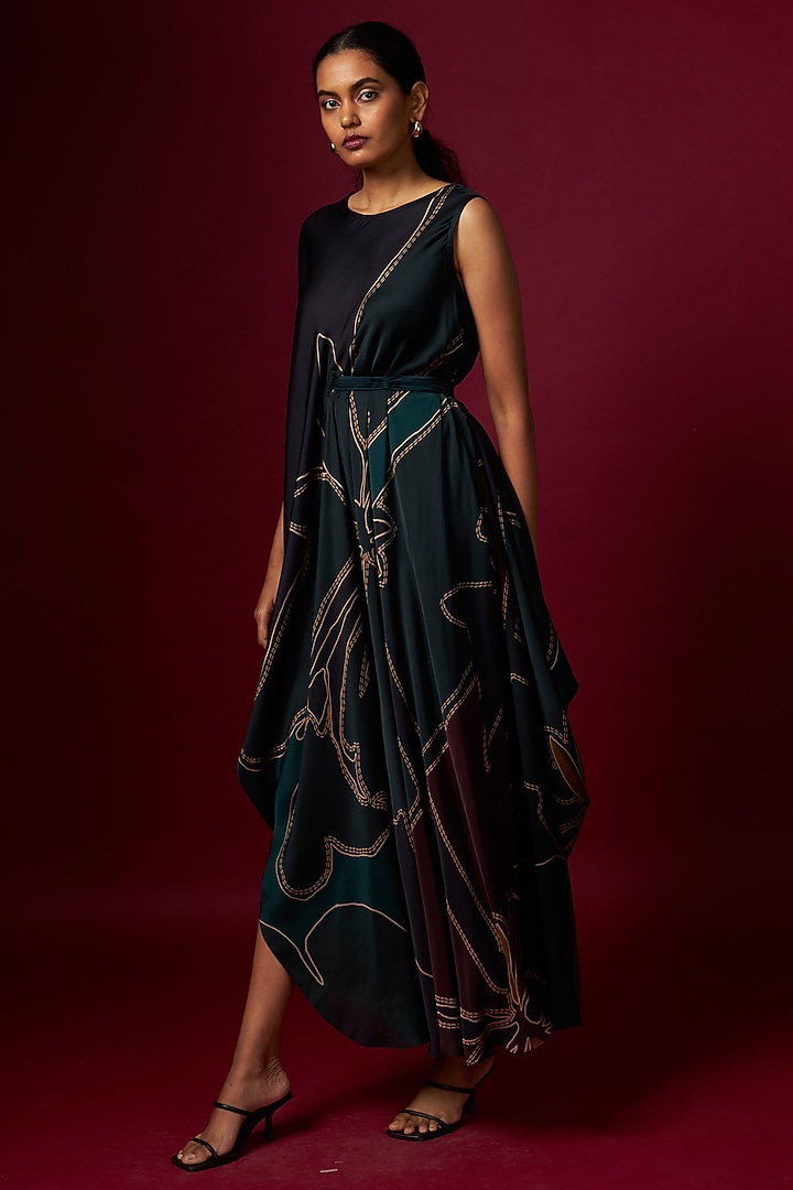 Multi-Colored Satin Abstract Printed Draped Vacation Dress With Belt by Vedika M at Pernia's Pop Up Shop