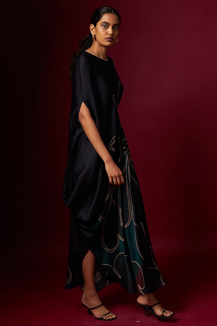 Multi-Colored Satin Abstract Printed Draped Vacation Dress With Belt by Vedika M at Pernia's Pop Up Shop