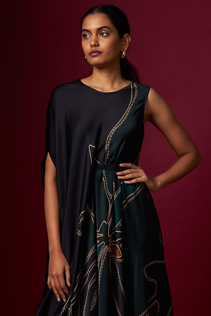 Multi-Colored Satin Abstract Printed Draped Vacation Dress With Belt by Vedika M at Pernia's Pop Up Shop