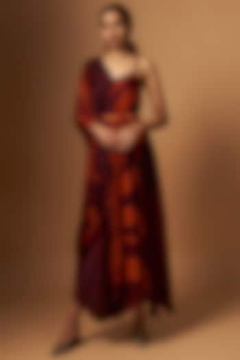 Maroon Satin Abstract Printed Draped Vacation Dress With Belt by Vedika M at Pernia's Pop Up Shop