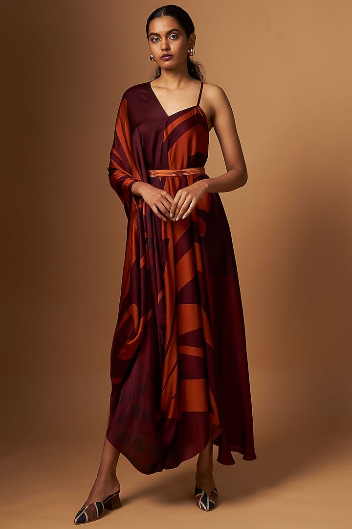 Maroon Satin Abstract Printed Draped Vacation Dress With Belt by Vedika M at Pernia's Pop Up Shop