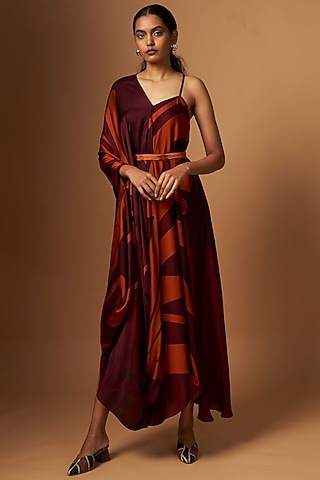Maroon Satin Abstract Printed Draped Dress With Belt by Vedika M