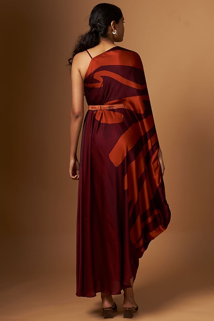 Maroon Satin Abstract Printed Draped Vacation Dress With Belt by Vedika M at Pernia's Pop Up Shop