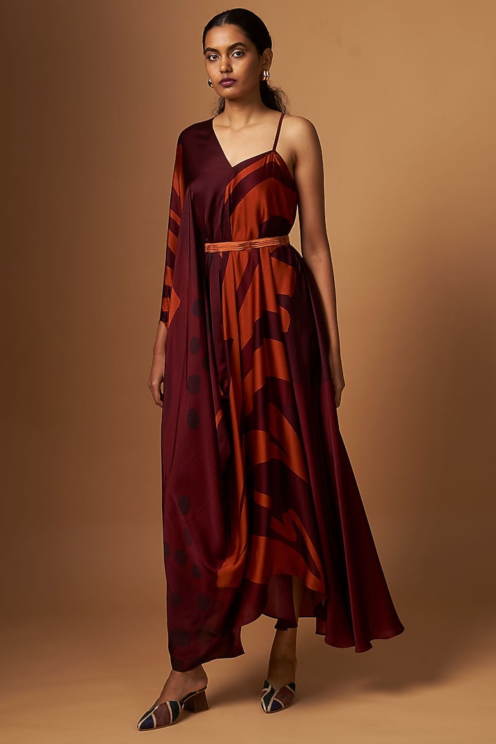 Maroon Satin Abstract Printed Draped Vacation Dress With Belt by Vedika M at Pernia's Pop Up Shop