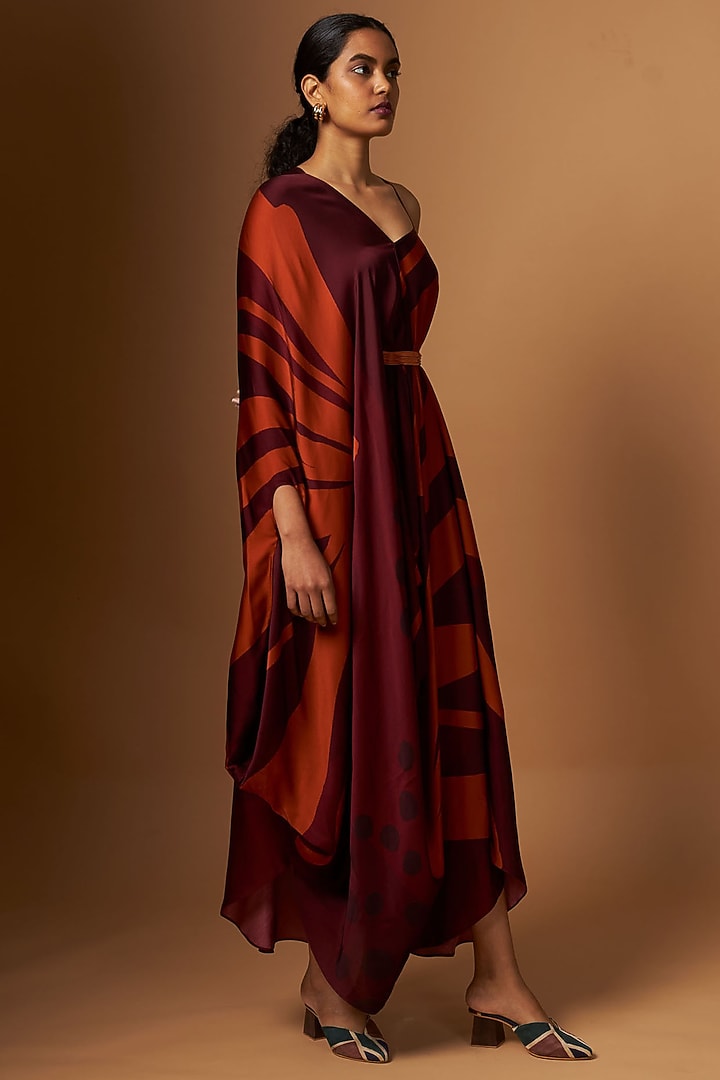 Maroon Satin Abstract Printed Draped Vacation Dress With Belt by Vedika M at Pernia's Pop Up Shop