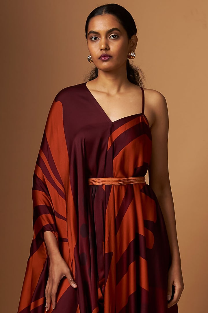 Maroon Satin Abstract Printed Draped Vacation Dress With Belt by Vedika M at Pernia's Pop Up Shop