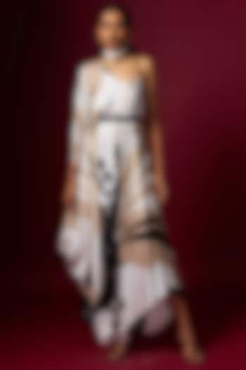 White Satin Abstract Printed Draped Vacation Dress With Belt by Vedika M at Pernia's Pop Up Shop