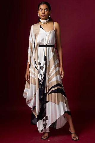 White Satin Abstract Printed Draped Dress With Belt by Vedika M