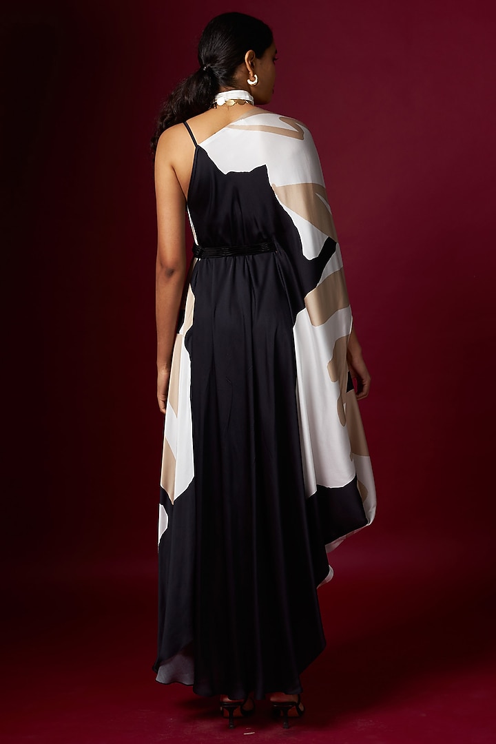 White Satin Abstract Printed Draped Vacation Dress With Belt by Vedika M at Pernia's Pop Up Shop