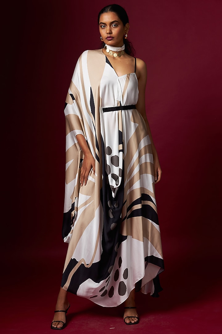 White Satin Abstract Printed Draped Vacation Dress With Belt by Vedika M at Pernia's Pop Up Shop