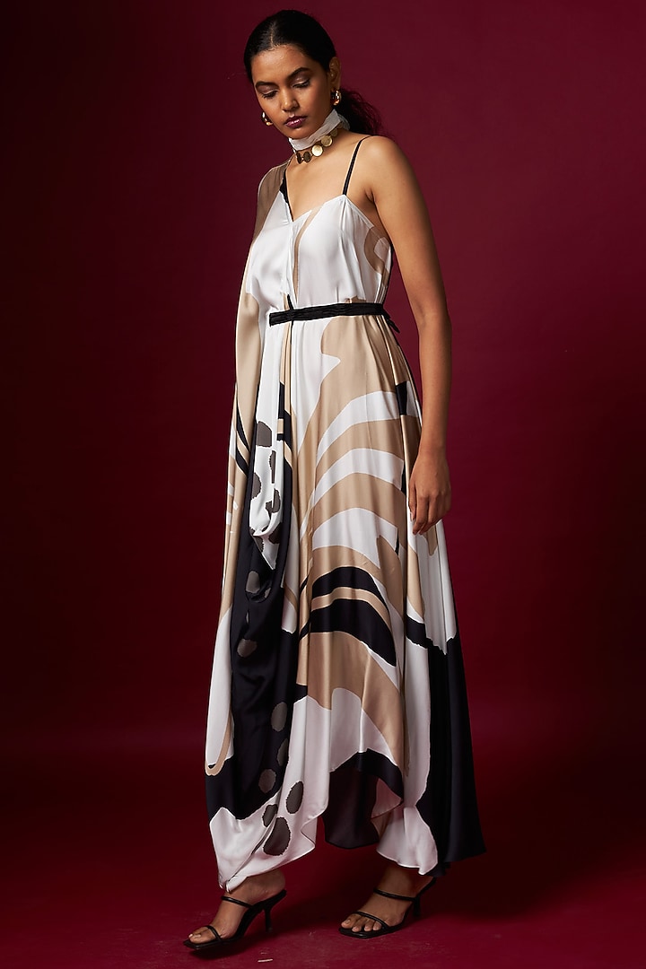 White Satin Abstract Printed Draped Vacation Dress With Belt by Vedika M at Pernia's Pop Up Shop