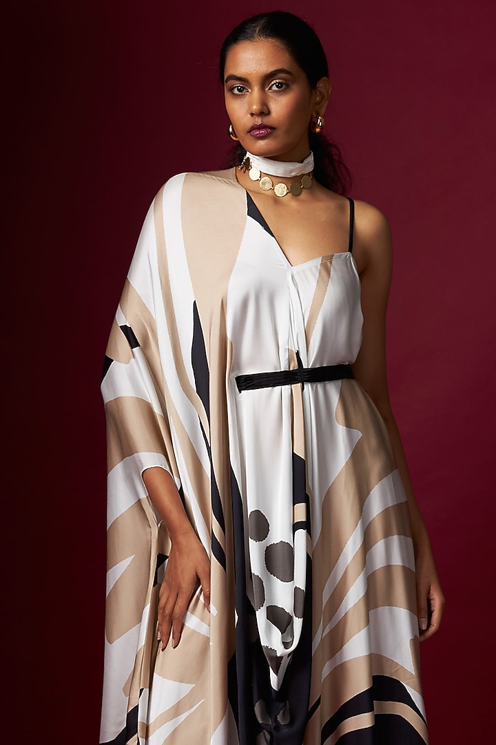 White Satin Abstract Printed Draped Vacation Dress With Belt by Vedika M at Pernia's Pop Up Shop