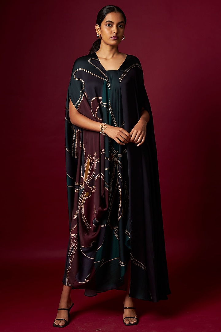 Multi-Colored Satin Abstract Printed Kaftan-Style Draped Summer Dress by Vedika M at Pernia's Pop Up Shop