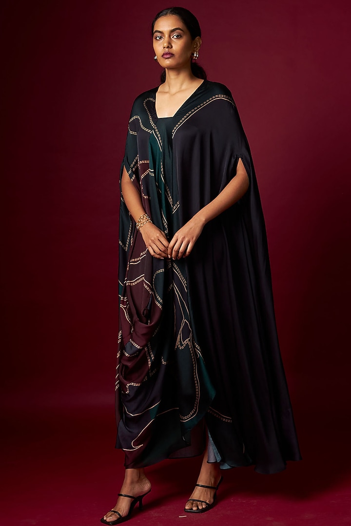 Multi-Colored Satin Abstract Printed Kaftan-Style Draped Summer Dress by Vedika M at Pernia's Pop Up Shop