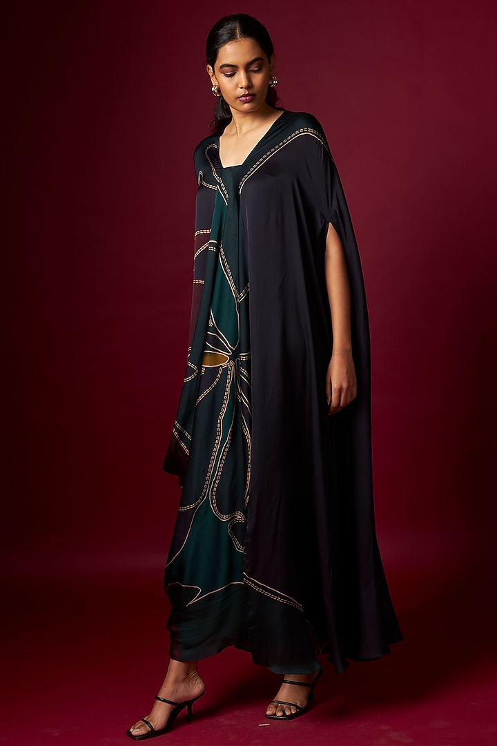 Multi-Colored Satin Abstract Printed Kaftan-Style Draped Summer Dress by Vedika M at Pernia's Pop Up Shop
